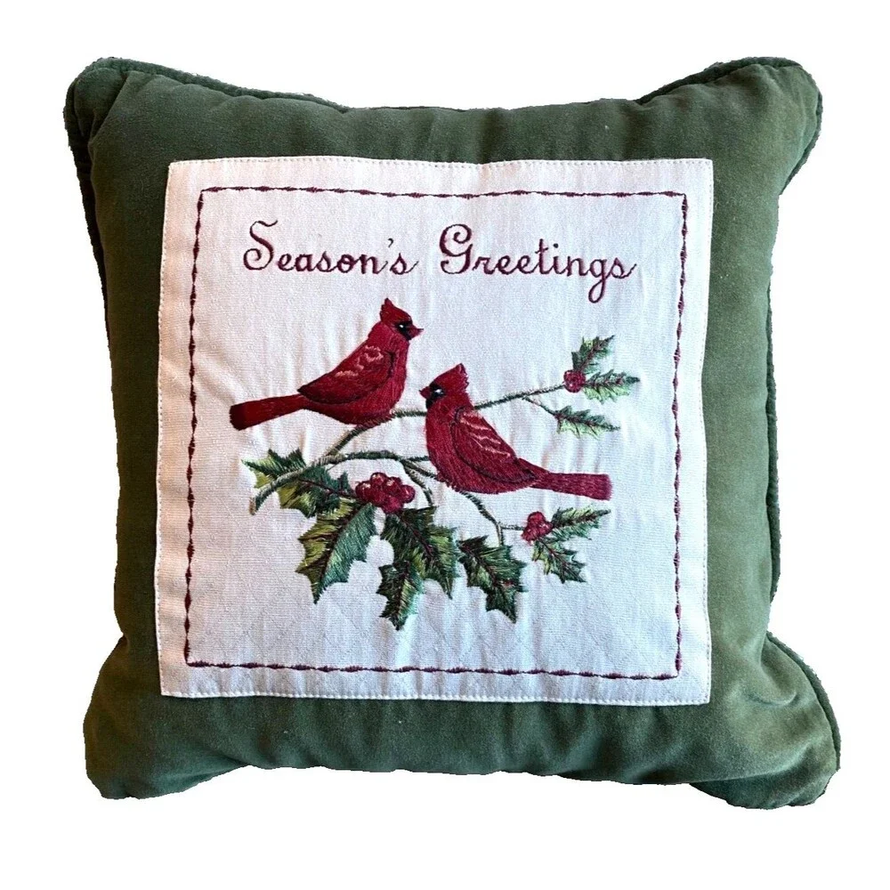 Vtg Cardinal Throw Pillow Christmas Holiday Decor 13” Green Velvet Embroidered